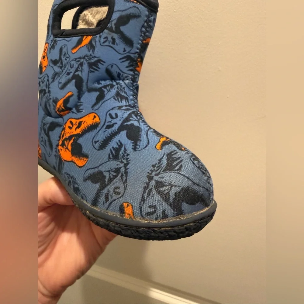 Bogs Kids' Blue and Orange Waterproof Insulated Dinosaur Snow Boots 8